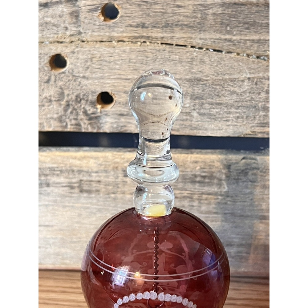 Clear and Raspberry Glass Bell Etched Florals Hand Blown Vintage Granny Core MCM - Picture 4 of 6